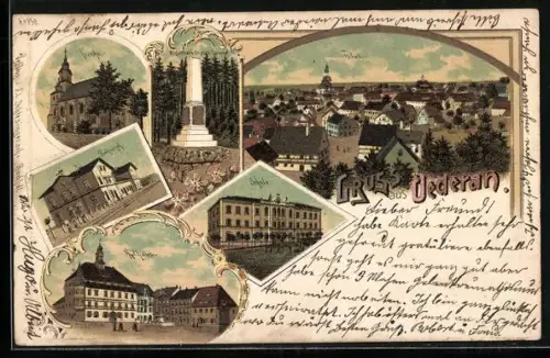 Lithographie Oederan, Ortsansicht, Kirche, Bahnhof und Schule