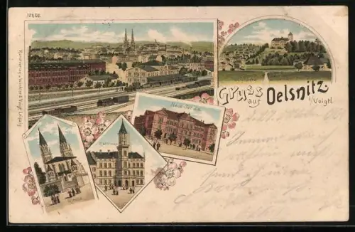 Lithographie Oelsnitz / Vogtland., Kirche, Voigtsberg, Neue Schule, Gesamtansicht