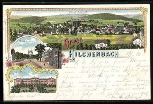 Lithographie Hilchenbach, Strassenpartie am Marktplatz, Seminar, Totalansicht