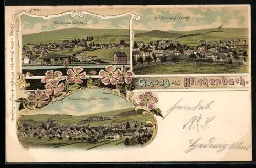 Lithographie Hilchenbach, Ansichten von Osten und Süden sowie Centrum