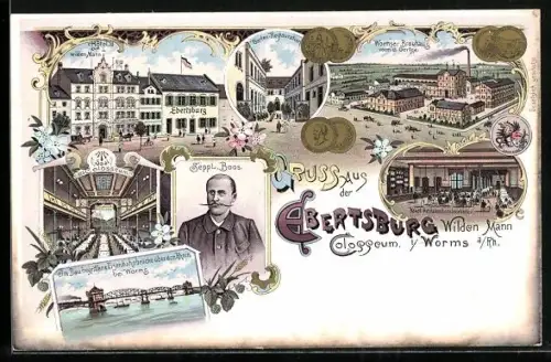 Lithographie Worms, Wormser Brauhaus. Hotel zum wilden Mann und Saal des Collosseum