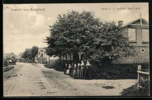 AK Borgstedt, Strassenpartie mit Haus des Kaufmanns J. Schultz