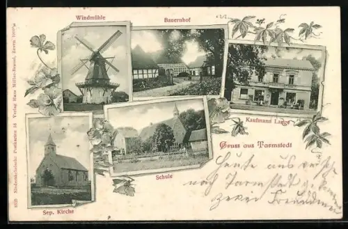 AK Tarmstedt, Geschäft Lange, Bauernhof, Windmühle, Kirche
