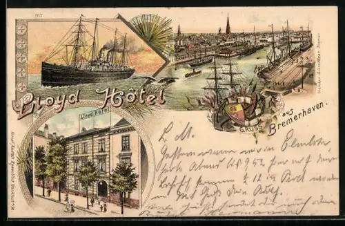 Lithographie Bremerhaven, Lloyd Hotel, Ozeandampfer, Hafen
