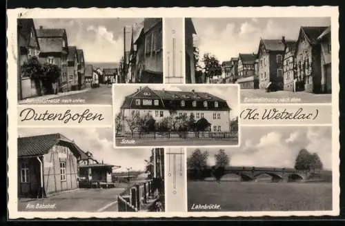 AK Dutenhofen /Wetzlar, Partien in der Bahnhofstrasse, Bahnhof und Lahnbrücke