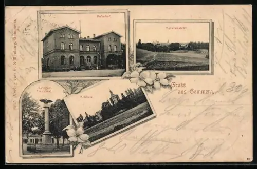 AK Gommern / Magdeburg, Schloss, Kriegerdenkmal und Bahnhof