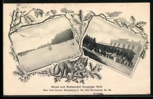 AK Strausberg, Restaurant Hungriger Wolf, Bes. Paul Carow, Passepartout mit Eicheln und Wolf