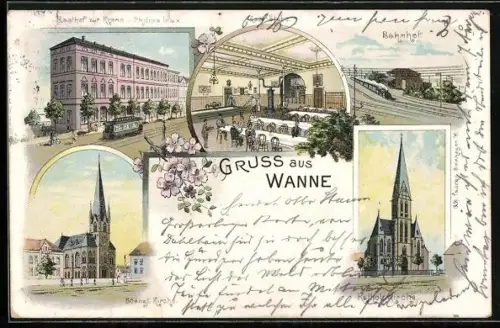 Lithographie Wanne, Gasthof zur Prone, Inh. Philipp Loux, Strassenbahn, Bahnhof und Kirchen