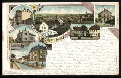 Lithographie Oberramstadt / Odenwald, Totalansicht, Neue Schule, Kriegerdenkmal und Post