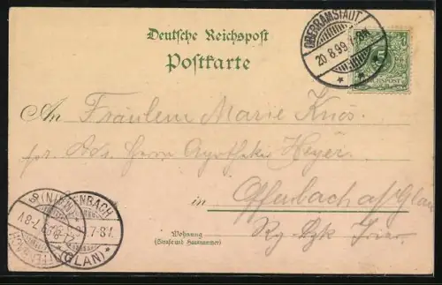 Lithographie Oberramstadt / Odenwald, Totalansicht, Neue Schule, Kriegerdenkmal und Post