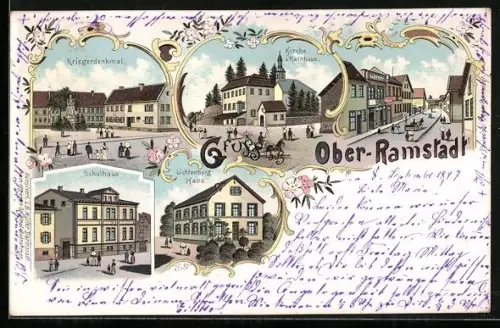 Lithographie Ober-Ramstadt / Odenwald, Kriegerdenkmal, Kirche und Rathaus, Strassenpartie und Lichtenberg Haus