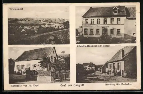AK Gangloff, Bäckerei von Heinr. Neubrech, Wirtschaft von Jul. Nagel, Handlung Nik. Kreischer