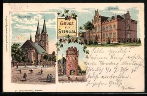 Lithographie Stendal, Tangermünder Tor mit Kreishaus, Gymnasium, Marienkirche