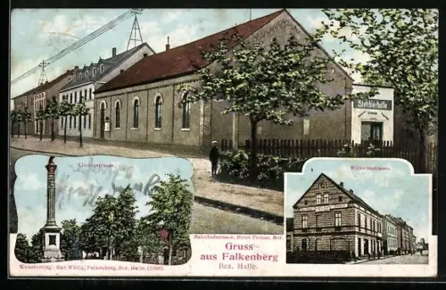 AK Falkenberg, Hotel Preuss in der Bahnhofstrasse, Glaserei in der Wilhelmstrasse, Lindenstrasse