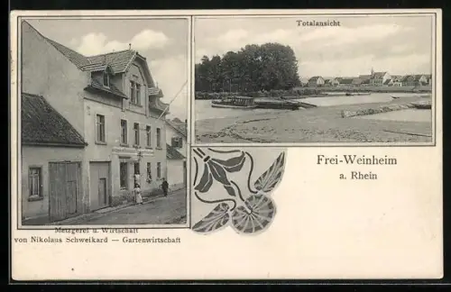 AK Frei-Weinheim a. Rhein, Totalansicht & Metzgerei-Wirtschaft von Nikolaus Schweikard