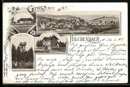 Lithographie Hilchenbach, Bahnhof Vormwald, Stift Keppel, Giller-Thurm, Totalansicht