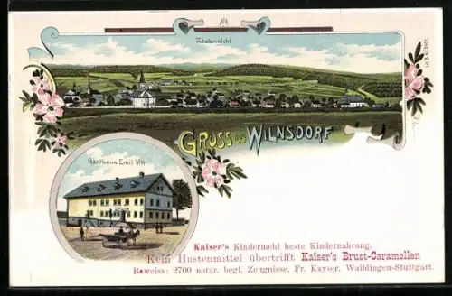 Lithographie Wilnsdorf, Gasthaus Emil Vitt, Ortsansicht, Reklame für Kaiser`s Brust-Caramellen