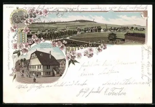 Lithographie Marienborn / Westerwald, Gasthaus von Albert Jung, Ortsansicht aus der Vogelschau
