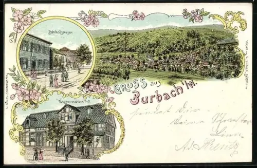 Lithographie Burbach i. W., Gasthaus Westerwälder Hof, Bahnhofstrasse, Gesamtansicht
