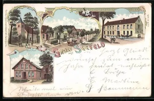 Lithographie Seefeld / Oldb., Woge`s Hotel, Kaiserliche Post, Kirche und Strassenpartie