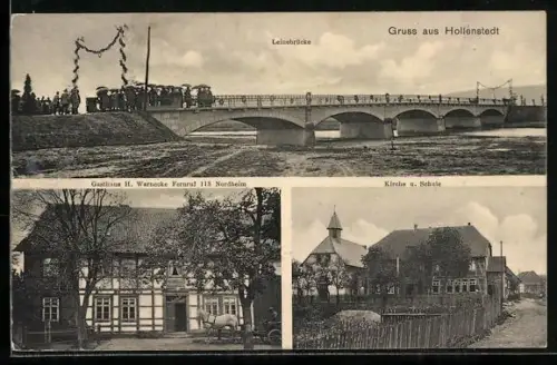 AK Hollenstedt / Leinetal, Gasthaus H. Warnecke, Einweihung der Leinebrücke, Kirche und Schule