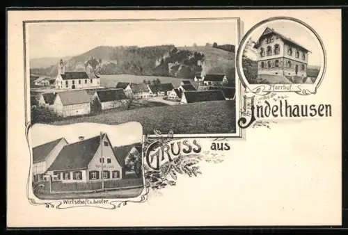 AK Indelhausen, Gasthaus z. Lauter, Pfarrhof und Ortsansicht mit Kirche