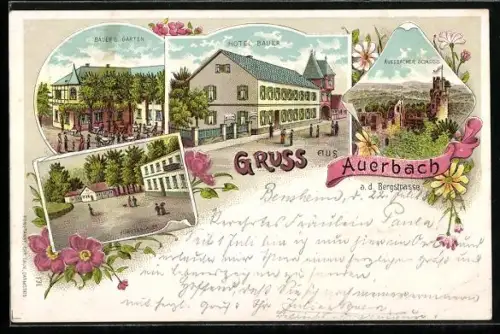 Lithographie Auerbach / Bergstrasse, Hotel Bauer, Auerbacher Schloss, Fürstenlager
