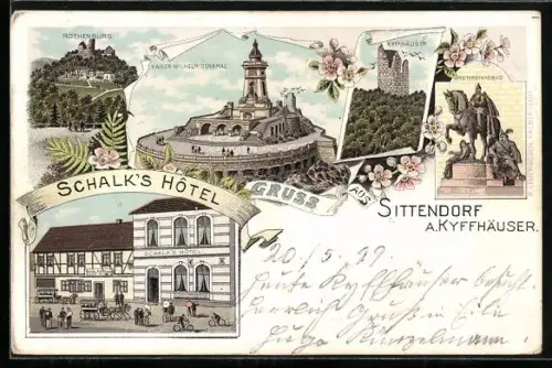 Lithographie Sittendorf a. Kyffhäuser, Schalk`s Hotel, Kaiser-Wilhelm-Denkmal, Reiterstandbild