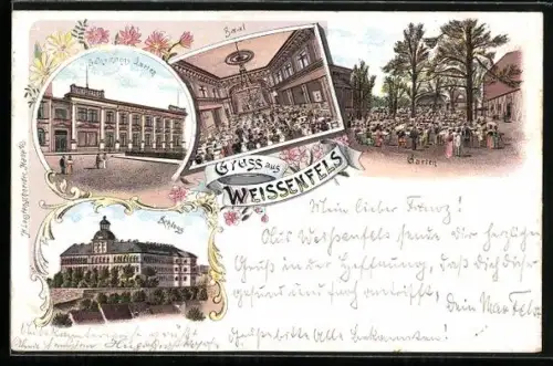 Lithographie Weissenfels, Gasthaus Schumann's Garten, Saal, Schloss
