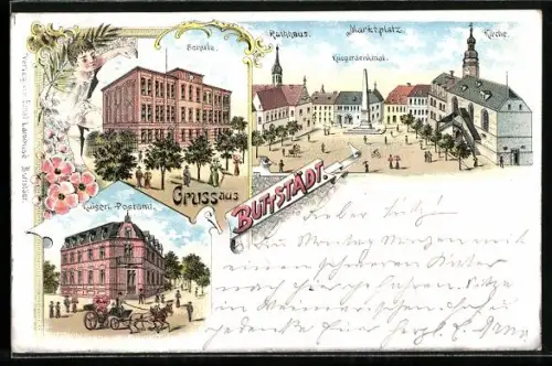 Lithographie Buttstädt, Marktplatz mit Kriegerdenkmal, Rathaus u. Kirche, Kaiserliches Postamt, Schule
