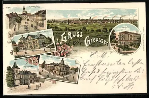 Lithographie Greussen, Schützenhaus, Schule, Kaiserl. Postamt, Marktplatz