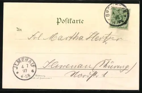 Lithographie Greussen, Schützenhaus, Schule, Kaiserl. Postamt, Marktplatz