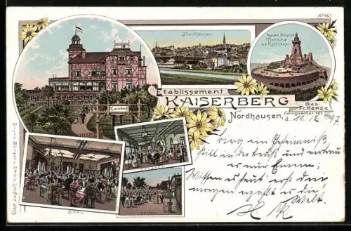 Lithographie Nordhausen, Gasthaus und Etablissement Kaiserberg, Kaiser Wilhelm-Denkmal a. d. Kyffhäuser, Ortsansicht