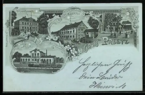 Mondschein-Lithographie Preetz, Bahnhofs-Hotel, Bahnhof, Rathaus und Friedenseiche, Up de Eck