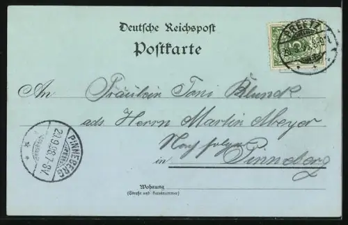 Mondschein-Lithographie Preetz, Bahnhofs-Hotel, Bahnhof, Rathaus und Friedenseiche, Up de Eck