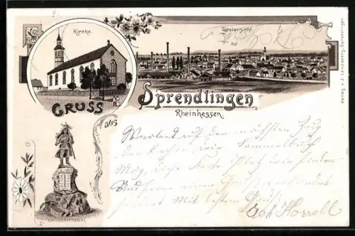 Lithographie Sprendlingen / Rheinhessen, Kriegerdenkmal, Kirche und Totalansicht