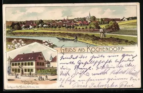 Lithographie Kochendorf / Neckarsulm, Gasthaus von Carl Nothwang, Panoramablick auf die Stadt