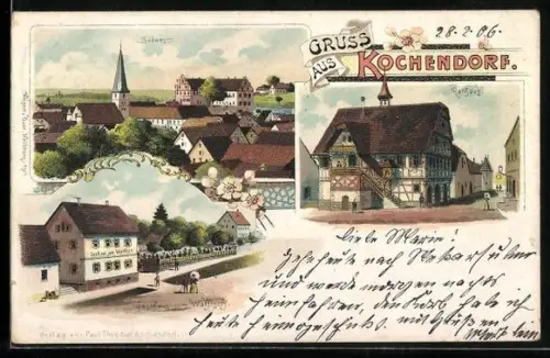 Lithographie Kochendorf / Neckarsulm, Ansicht des Ortes von Südwesten, Rathaus, Gasthaus zum Walfisch