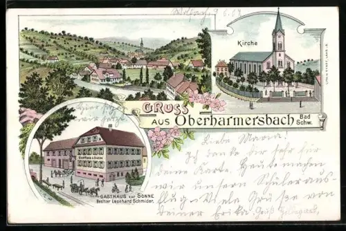 Lithographie Oberharmersbach, Gasthaus zur Sonne Bes.: Leonhard Schmider, Kirche