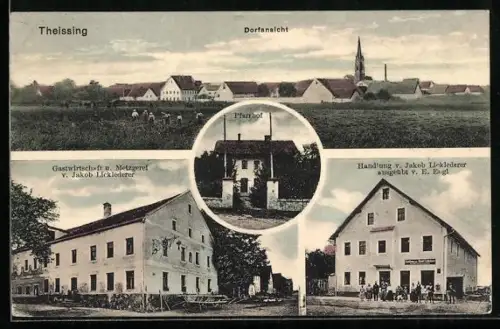 AK Theissing, Gasthaus und Metzgerei von Jakob Licklederer, Handlung v. Jakob Licklederer, Pfarrhof, Ortsansicht