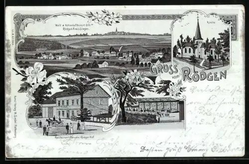Lithographie Rödgen /Siegen, Restaurant-Pension Rödger Hof, Kirche und Ortsansicht