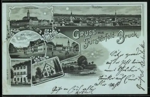 Mondschein-Lithographie Fürstenfeld-Bruck, Gasthaus Ludwigshöhe, Martha-Keller, Marktplatz und Panorama