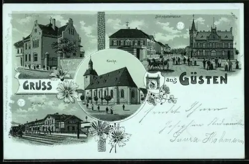 Mondschein-Lithographie Güsten / Anhalt, Bahnhof, Kirche, Bahnhofstrasse