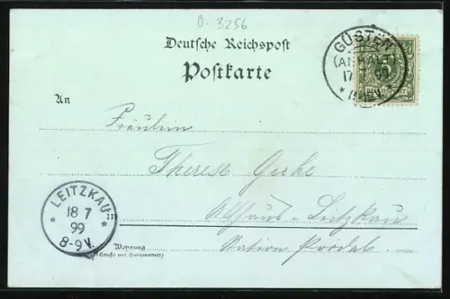 Mondschein-Lithographie Güsten / Anhalt, Bahnhof, Kirche, Bahnhofstrasse