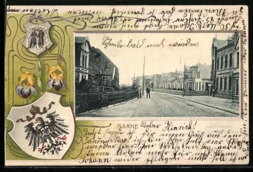 Passepartout-Lithographie Marne / Holstein, Strassenpartie, Wappen