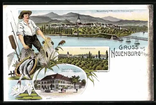 Lithographie Neuenburg / Rhein, Gasthof zur Krone, Eisenbahnbrücke, Fischer holt das Netz ein