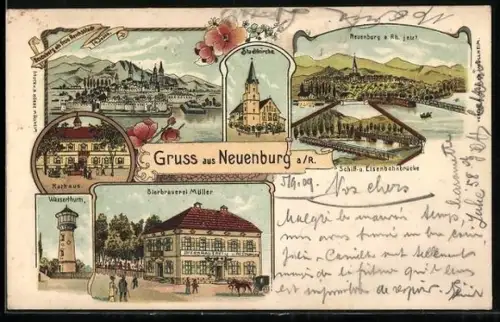 Lithographie Neuenburg a. R., Bierbrauerei Müller, Wasserturm, Rathaus, Stadtkirche und Ortsansicht