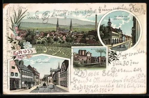 Lithographie Ingweiler, Hauptstrasse und Gemeindehaus, Schloss Lichtenberg, Ortsansicht mit Kirche