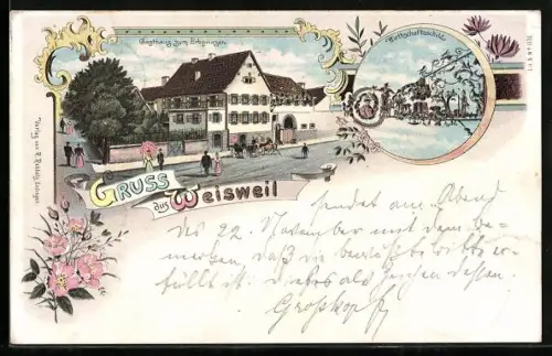 Lithographie Weisweil / Breisgau, Gasthaus zum Erbprinzen, Wirtschaftsschild