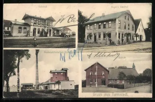 AK Tarmstedt, Jagels Gasthof, Bahnhof, Schule und Niedersächsisches Hartsteinwerk